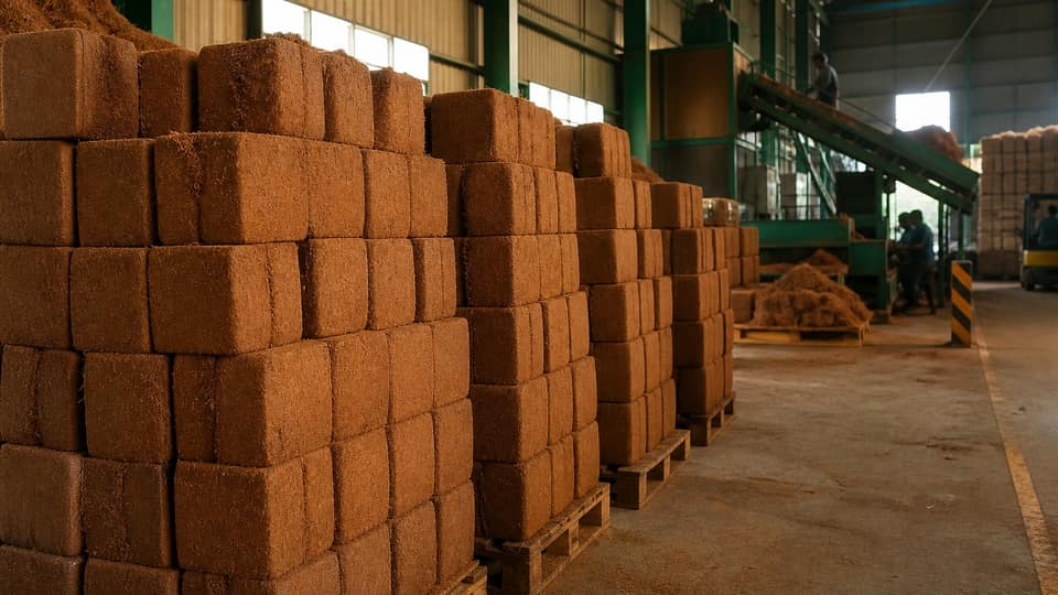 Compressed cocopeat blocks from an Indonesian producer